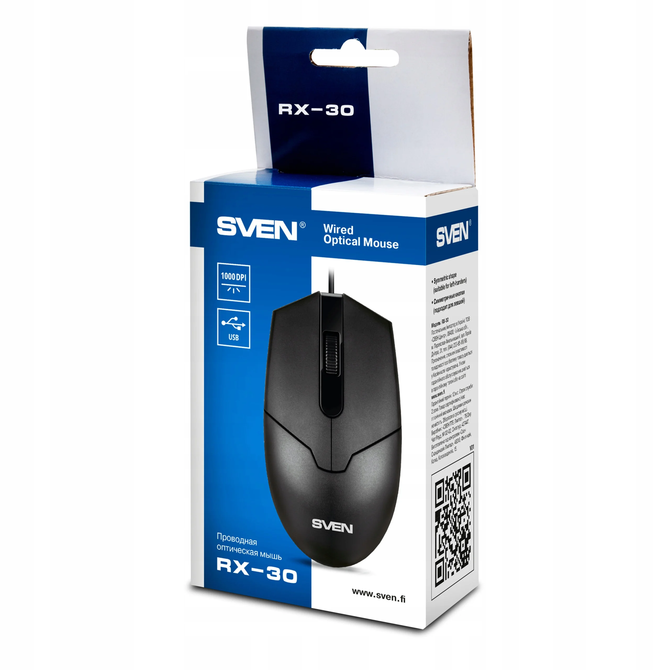 SVEN Мышь проводная RX-30 USB чёрная (2+1кл. 1000DPI,  каб. 2м., кор)
