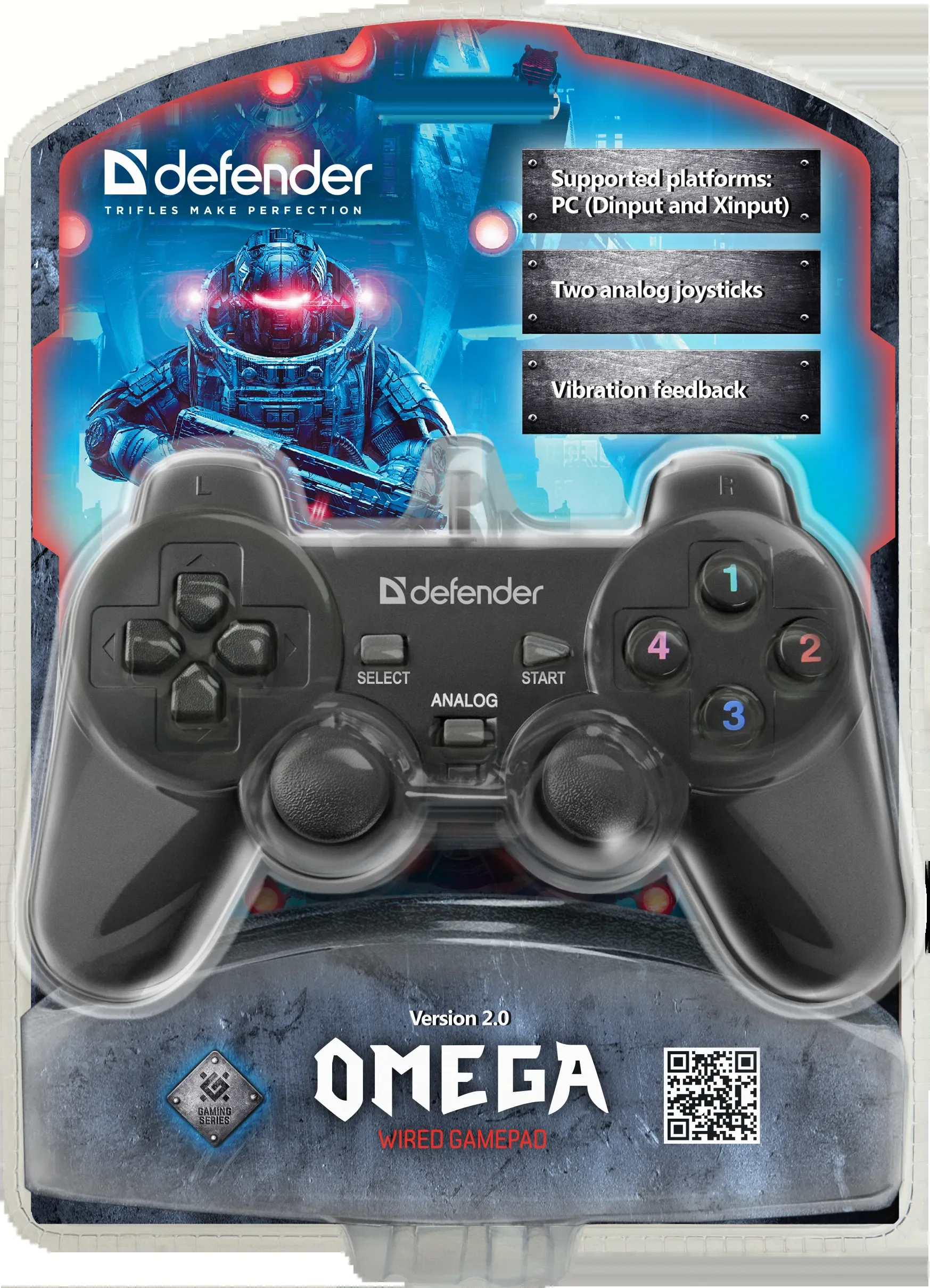 Defender Геймпад Omega USB, 12 кнопок, 2 мини-джойстика, 8-позиционный D-Pad, 2 встроенных вибромотора, 1,8м.