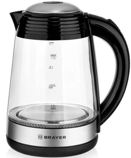 Эл,чайник BRAYER BR1012, 2200 Вт, 1,7 л, высококач.стекло, подсвет, автоотключ при закип