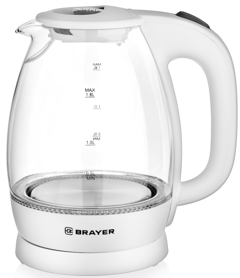 Эл,чайник BRAYER BR1013WH, 2200 Вт, 1,8 л, высокопроч.стекл, подсвет, автоотк, моющ. Фил