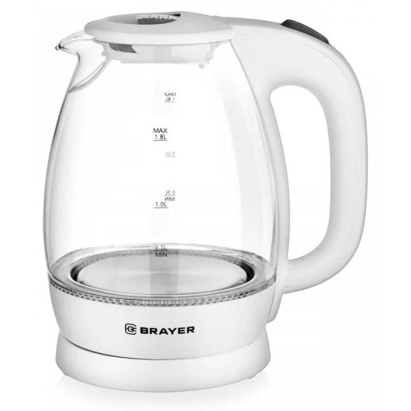 Эл,чайник BRAYER BR1013WH, 2200 Вт, 1,8 л, высокопроч.стекл, подсвет, автоотк, моющ. Фил