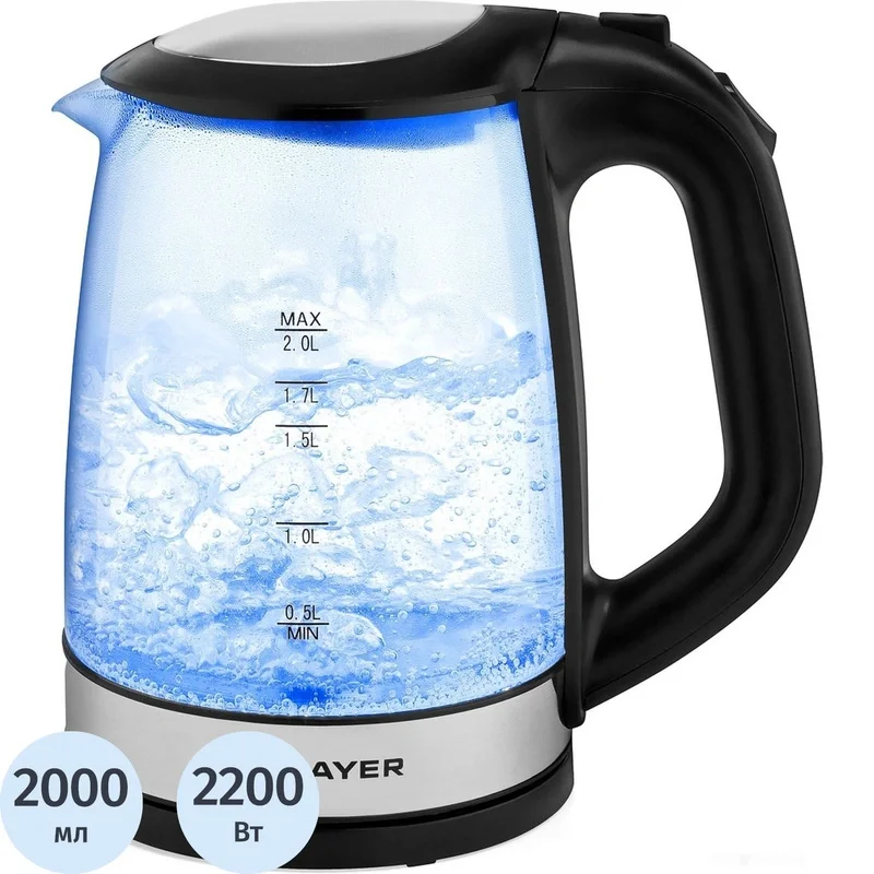 Эл,чайник BRAYER BR1040 BK (2220Вт,  2 л, стекл., черный.)