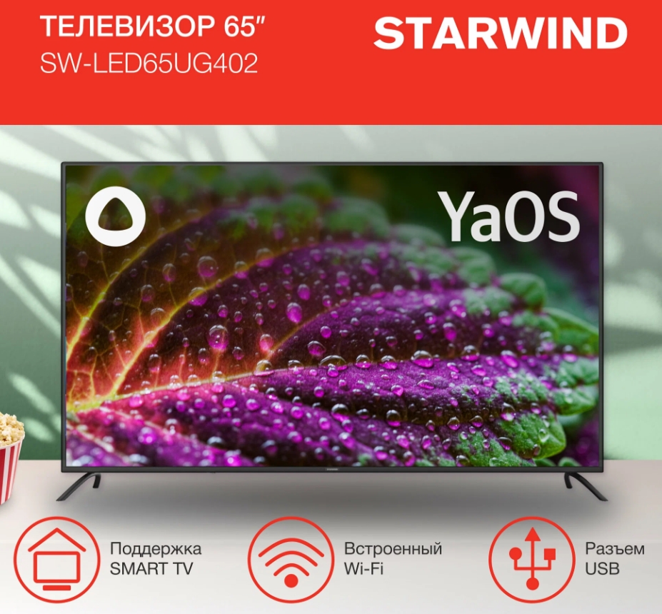 Телевизор LED 65" Starwind SW-LED65UG402 Smart Яндекс.ТВ стальной/черный/4K Ultra HD/DVB-T