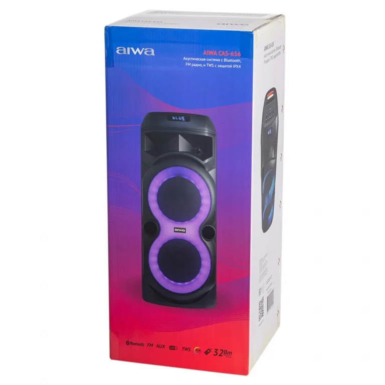 Портативная аудиосистема AIWA CAS-656. 32 Вт USB, TF card 7.4V 3600 мAч Функция TWS 240x258x600 мм.