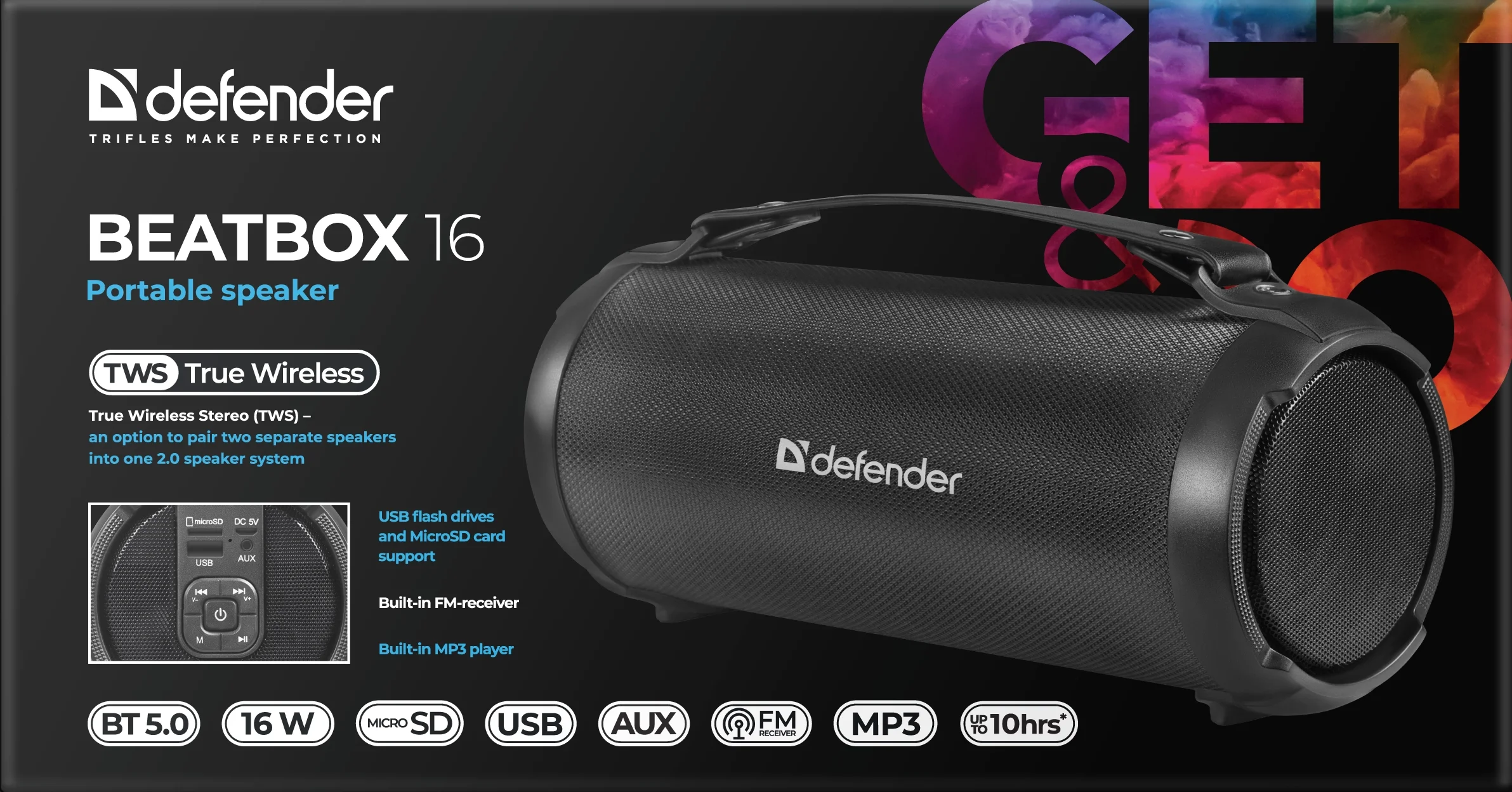 Defender Портативная акустика Beatbox 16 16Вт, BT/FM/TF/USB/AUX/TWS