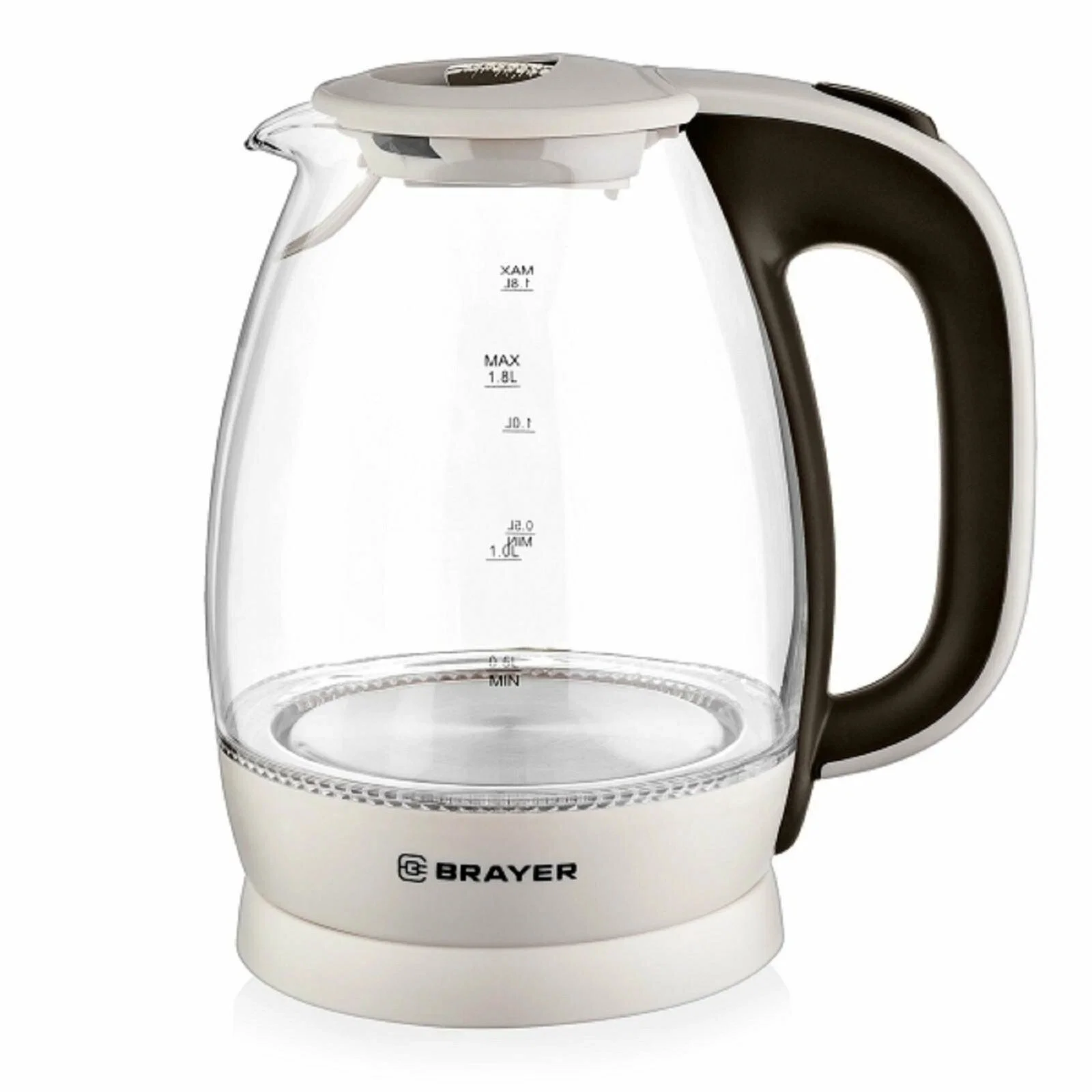 Эл,чайник BRAYER BR1045BN, 2200 Вт, 1,8 л, высококач. стекло, моющ. фильтр,поворот.осно