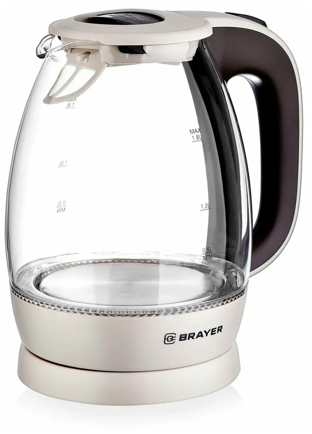 Эл,чайник BRAYER BR1045BN, 2200 Вт, 1,8 л, высококач. стекло, моющ. фильтр,поворот.осно