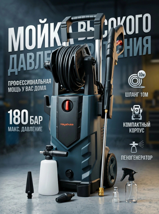 Мойка HAYABUSA HPC-2700i, 180Бар, 2700Вт, индукционный двигатель, шланг 10м, 4 форсунки