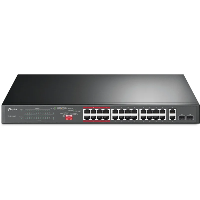 Коммутатор 24-port 10/100Mbps Unmanaged PoE+ Switch with 2 combo RJ-45/SFP uplink ports, metal case, rack mount, 24 802.3af/at compliant PoE+ ports, 2