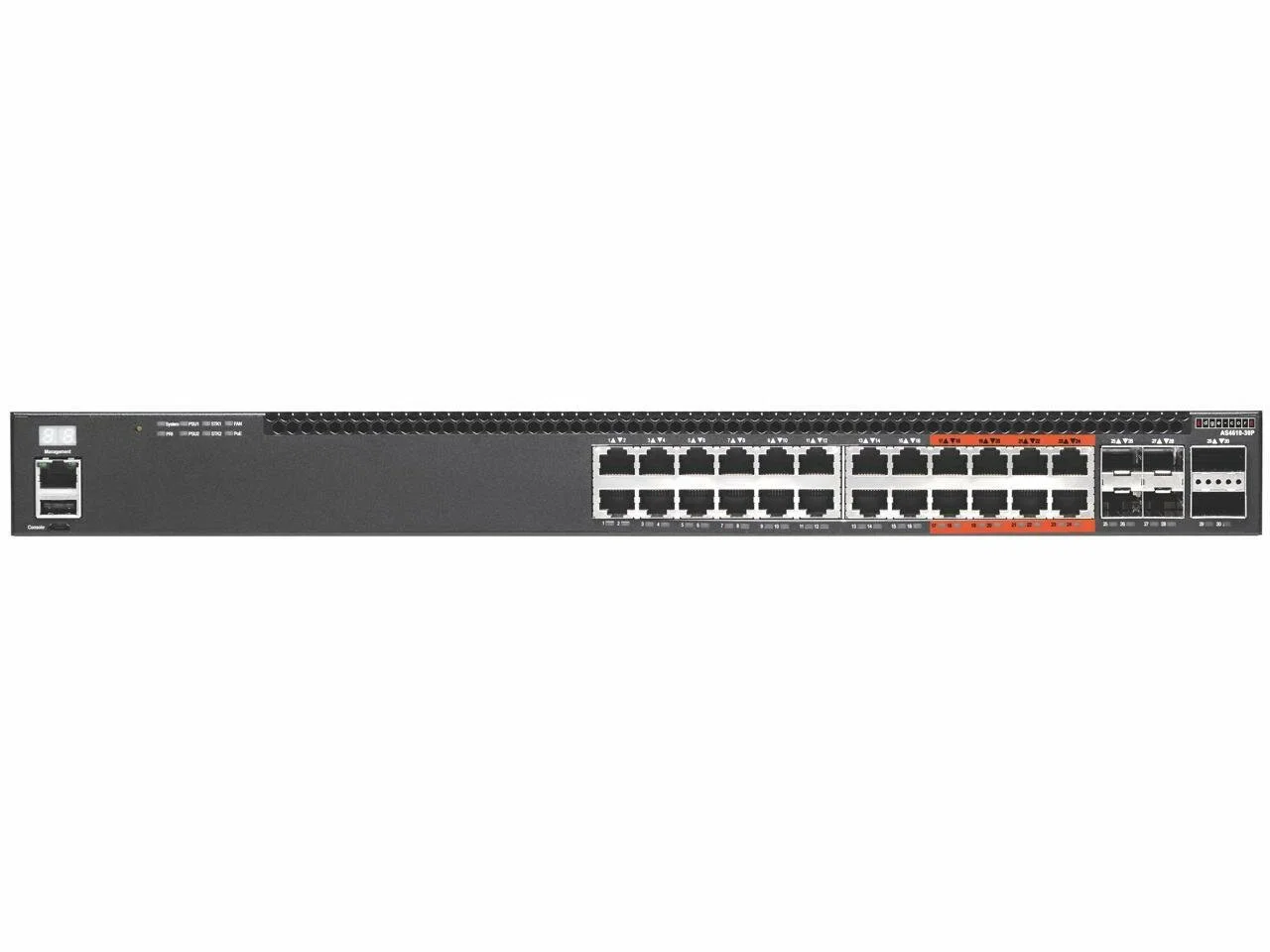 Коммутатор 4610-30P-O-AC-F Edge-corE AS4610-30P, 24-Port GE RJ45 port PoE+, last 8 ports Ultra-PoE, 960W PoE Bugdet, 4x10G SFP+, 2 port 20G QSFP+ for