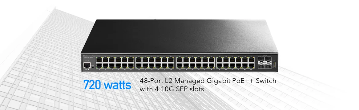 Коммутатор 48-Port Layer 2 Managed Gigabit PoE++ Switch with 4 10G SFP ports 720W