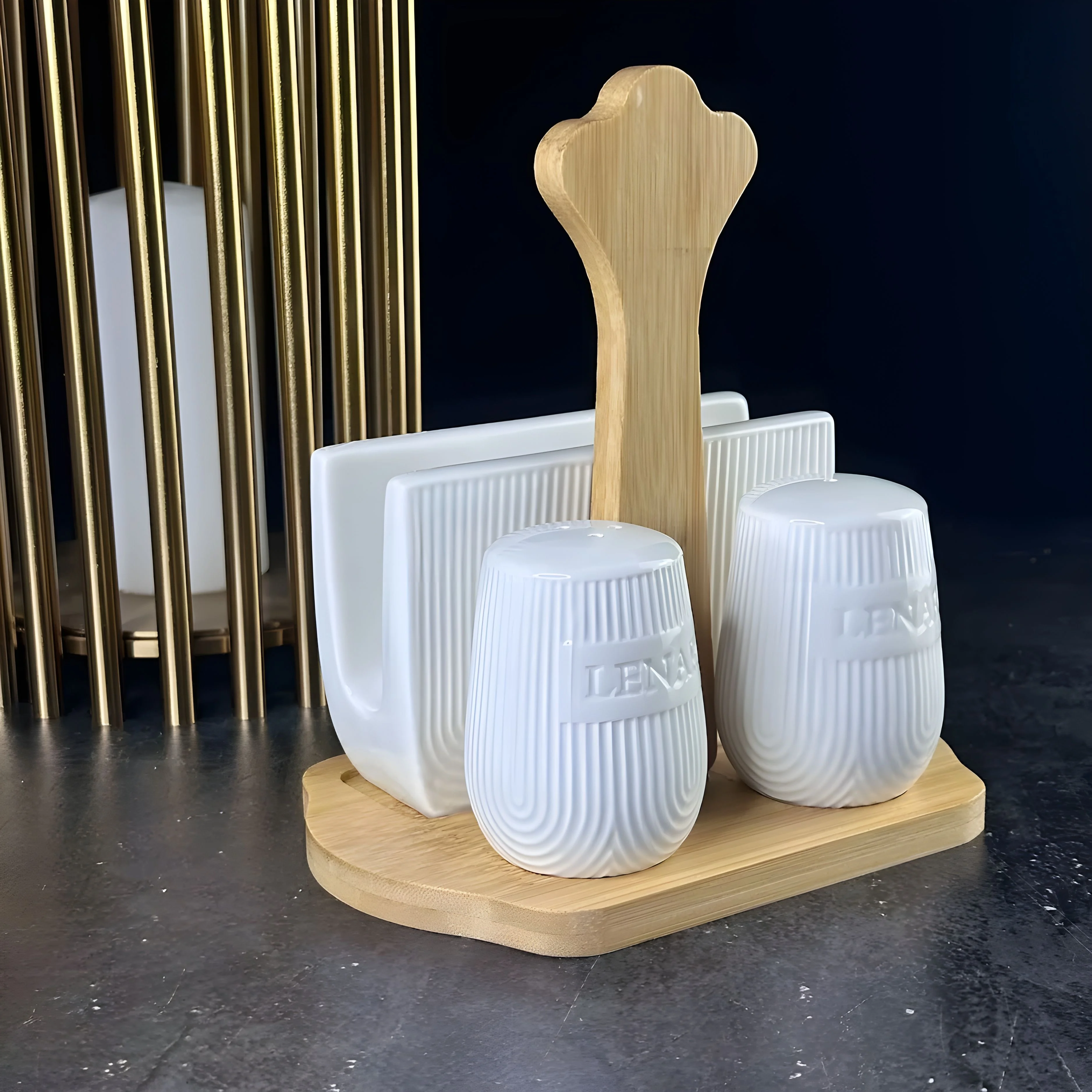 140-160 Набор для специй с сахарница,салфетница,молочник на под-ке BAMBOO в под.уп.(х12) Фарфор
