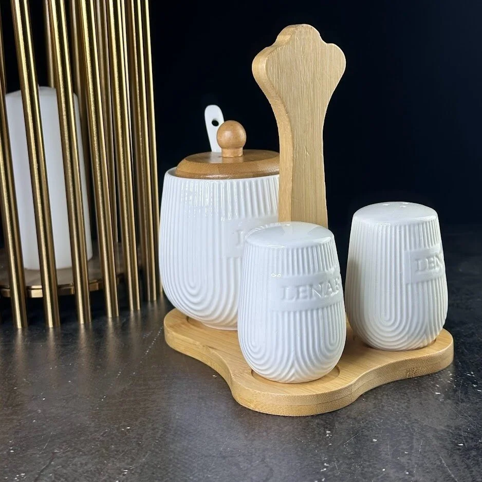 140-177 Набор для специй с подставкой для зубочисток на подставке BAMBOO в под.уп.(х36)Фарфор