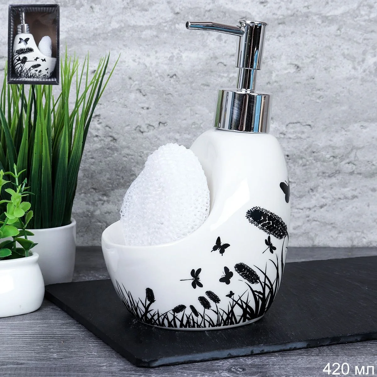 Дозатор для жидкого мыла 420 мл / DW208-1-2 White /уп 48/*с губкой