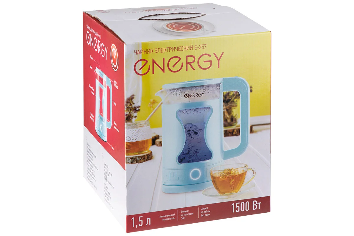 Эл,чайник ENERGY E-257 (1.5л) 1500Вт стекло, голубой