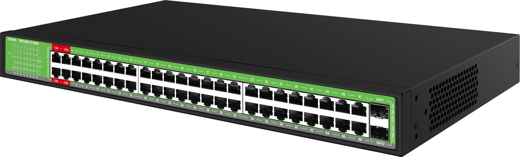 Коммутатор Digma DSP248G-2S-R800 DSP248G-2S-R800 V1 (L2) 48x1Gbит/с 2SFP 48PoE 48PoE+ 4PoE++ 800W неуправляемый