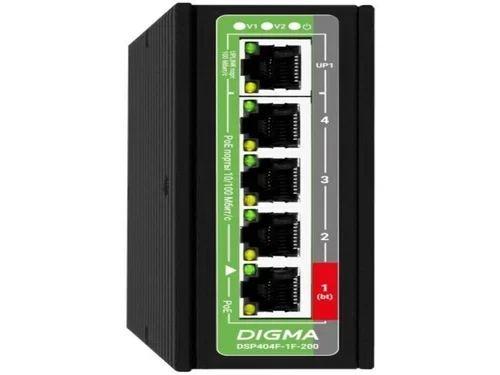 Коммутатор Digma DSP404F-1F-200 (L2) 5x100 Мбит/с 4PoE 4PoE+ 1PoE++ 200W неуправляемый