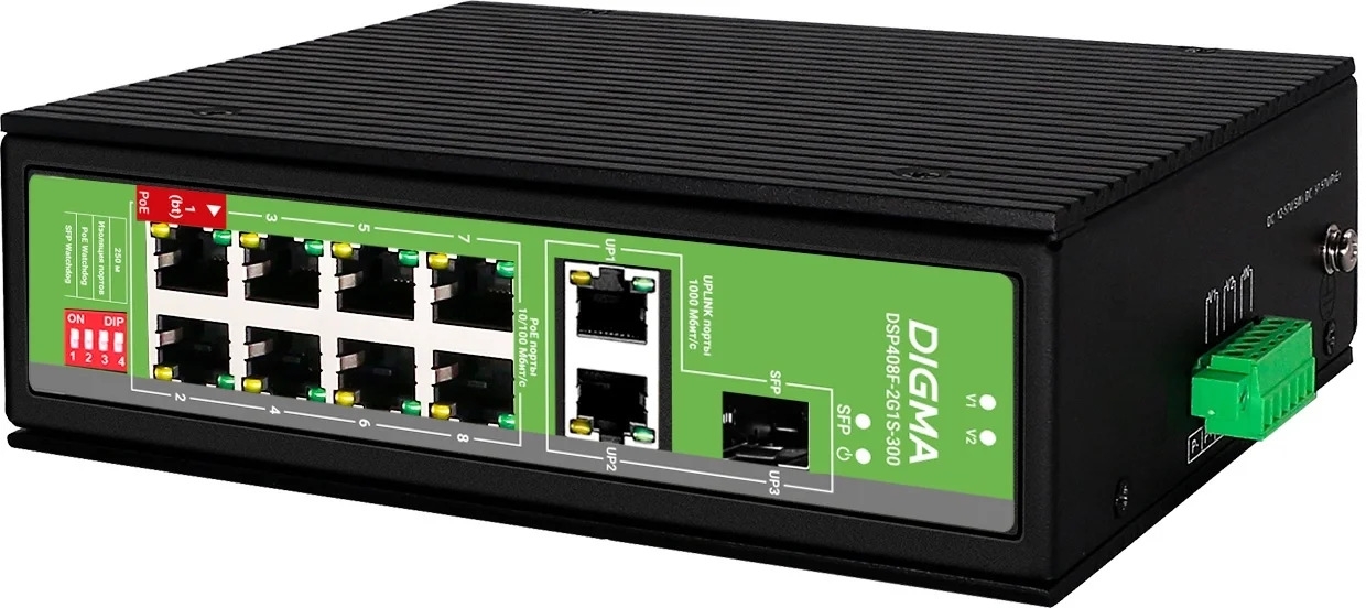 Коммутатор Digma DSP408F-2G1S-300 (L2) 8x100 Мбит/с 2x1 Гбит/с 1SFP 8PoE 8PoE+ 1PoE++ 300W неуправляемый