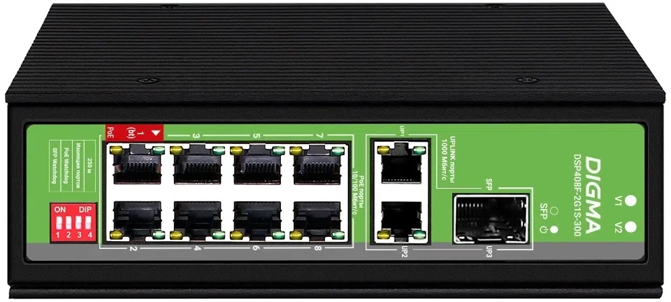 Коммутатор Digma DSP408F-2G1S-300 (L2) 8x100 Мбит/с 2x1 Гбит/с 1SFP 8PoE 8PoE+ 1PoE++ 300W неуправляемый
