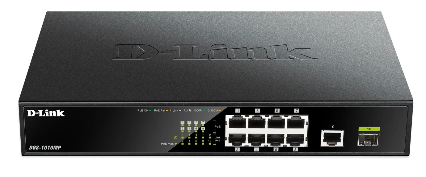 Коммутатор D-Link DGS-1010MP/A1A, L2 Unmanaged Switch with 9 10/100/1000Base-T portsand 1 1000Base-X SFPports(8 PoE ports 802.3af/802.3at (30 W), PoE