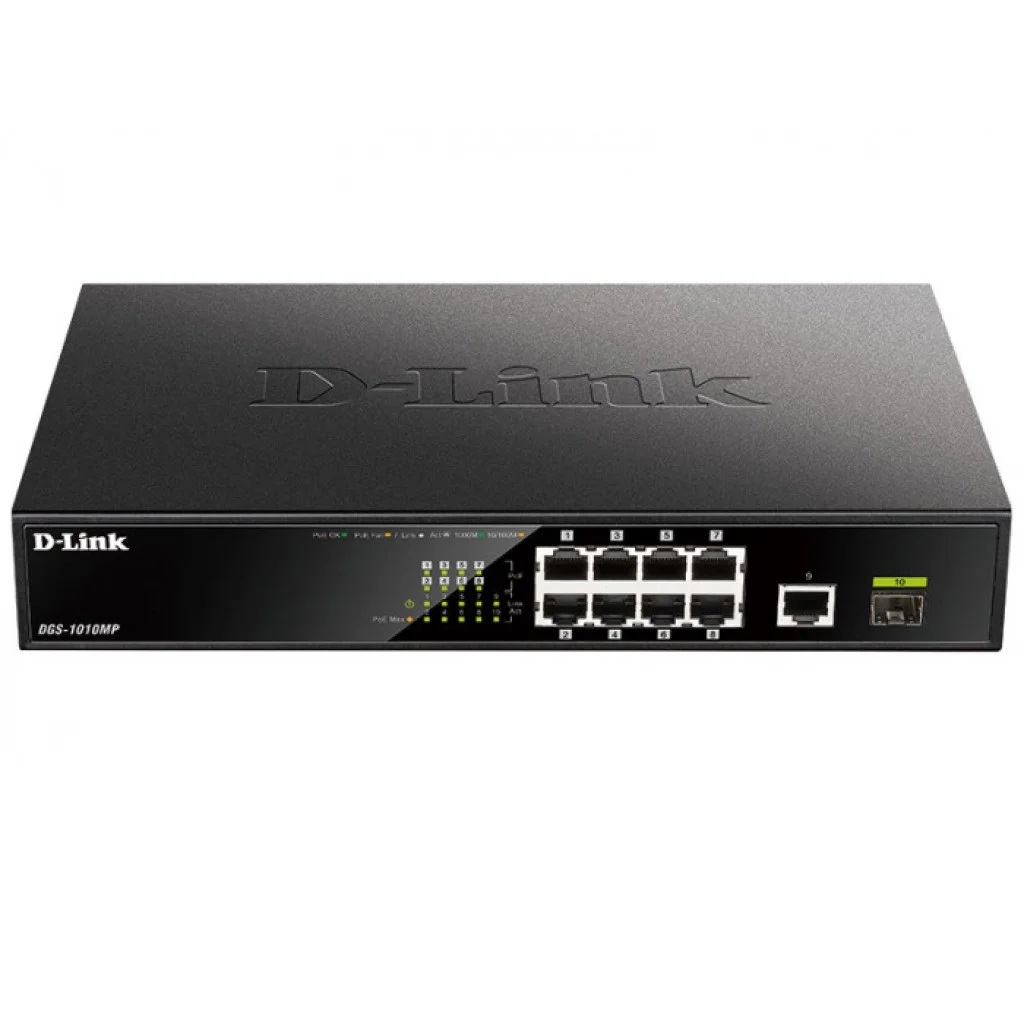 Коммутатор D-Link DGS-1010MP/A1A, L2 Unmanaged Switch with 9 10/100/1000Base-T portsand 1 1000Base-X SFPports(8 PoE ports 802.3af/802.3at (30 W), PoE