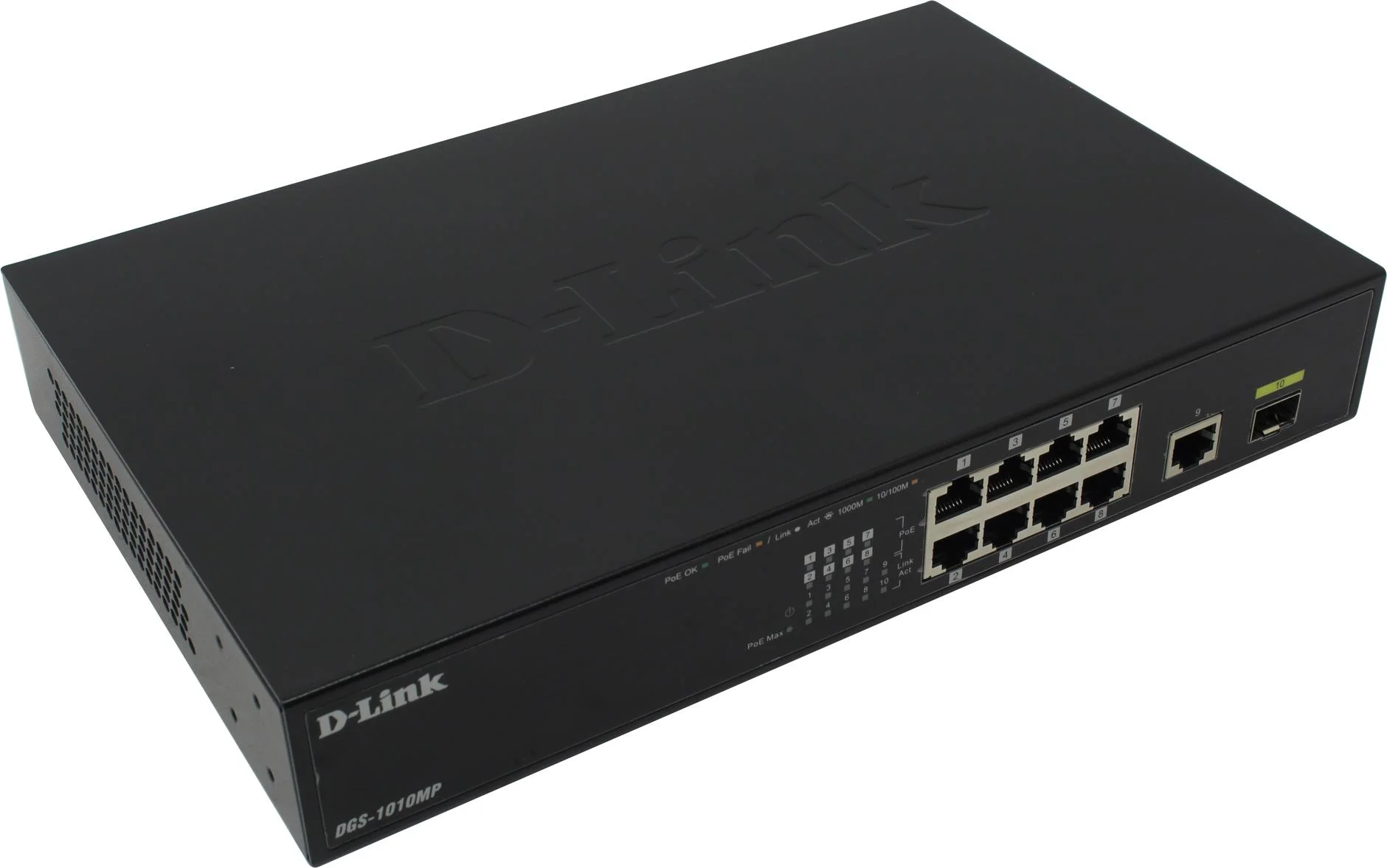 Коммутатор D-Link DGS-1010MP/A1A, L2 Unmanaged Switch with 9 10/100/1000Base-T portsand 1 1000Base-X SFPports(8 PoE ports 802.3af/802.3at (30 W), PoE