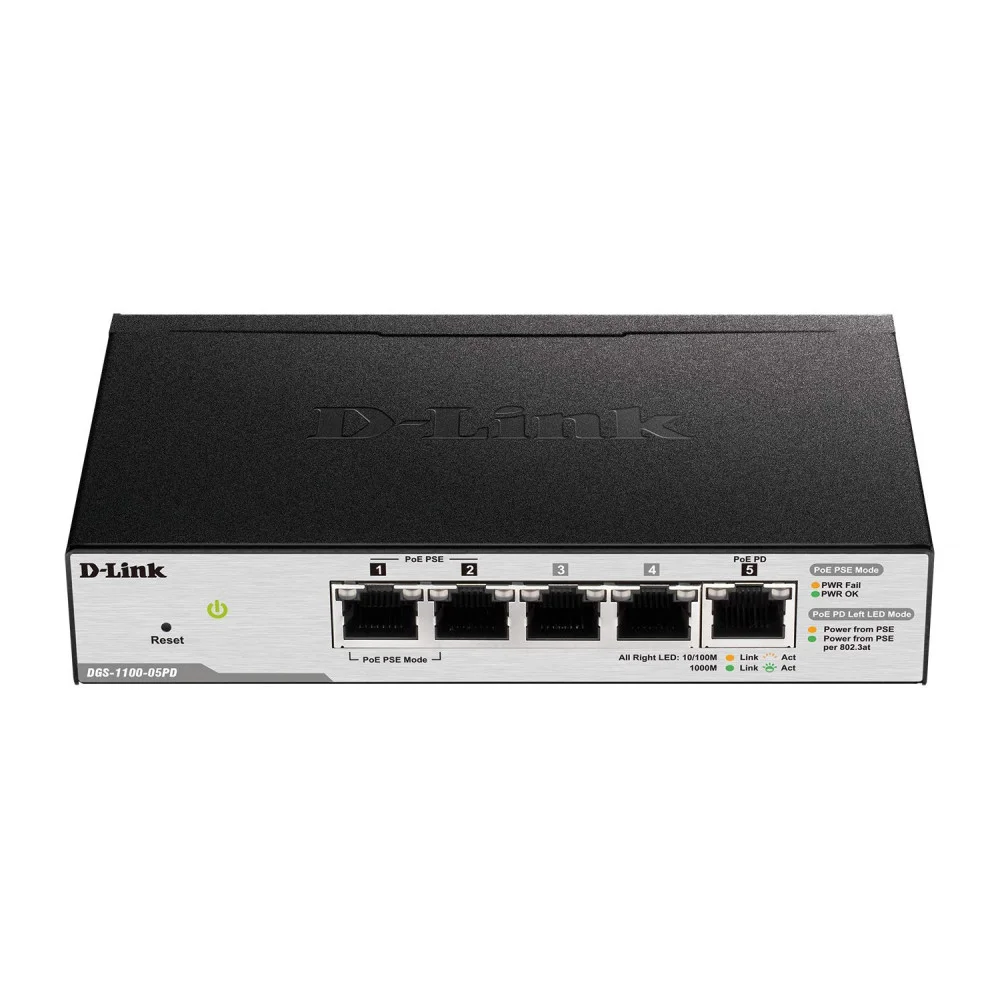 Коммутатор D-Link DGS-1100-05PDV2/A1A, L2 Smart Switch with 4 10/100/1000Base-T ports and 1 10/100/1000Base-T PD port(2 PoE ports 802.3af (15,4 W), Po