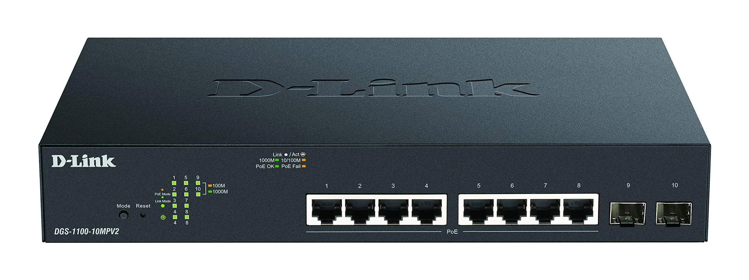 Коммутатор D-Link DGS-1100-10MPPV2/A3A, L2 Smart Switch with 8 10/100/1000Base-T ports and 2 1000Base-X SFP ports (6 PoE ports 802.3af/802.3at (30 W),