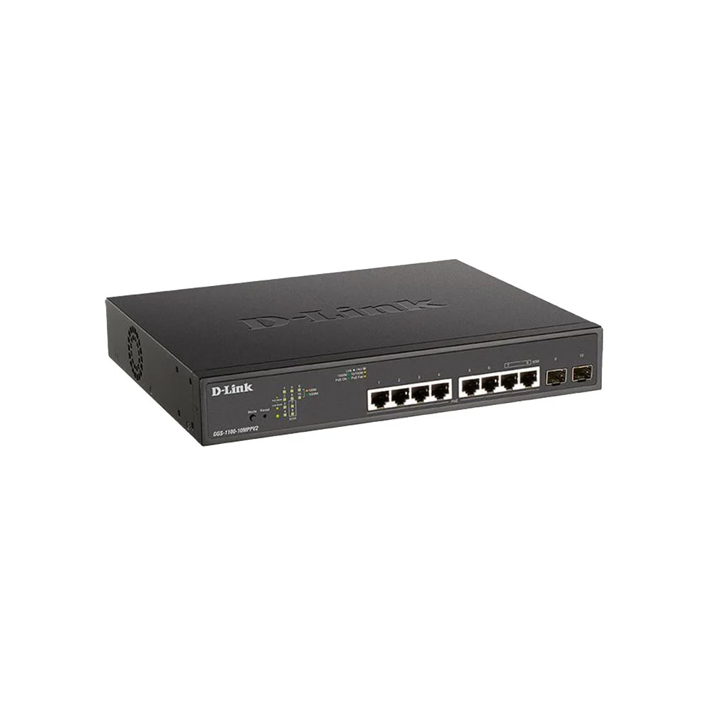 Коммутатор D-Link DGS-1100-10MPPV2/A3A, L2 Smart Switch with 8 10/100/1000Base-T ports and 2 1000Base-X SFP ports (6 PoE ports 802.3af/802.3at (30 W),
