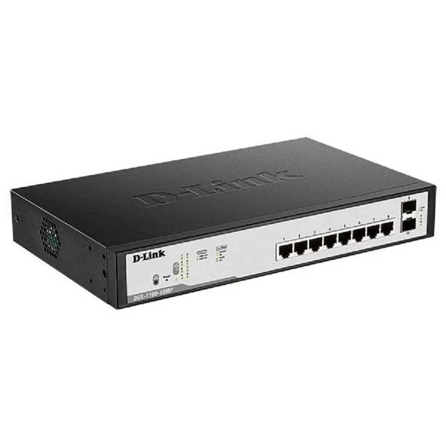 Коммутатор D-Link DGS-1100-10MPPV2/A3A, L2 Smart Switch with 8 10/100/1000Base-T ports and 2 1000Base-X SFP ports (6 PoE ports 802.3af/802.3at (30 W),