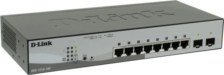 Коммутатор D-Link DGS-1210-10P/FL2A Управляемый L2 коммутатор с 8 портами 10/100/1000Base-T и 2 портами 1000Base-X SFP (8 портов PoE 802.3af/at, PoE б