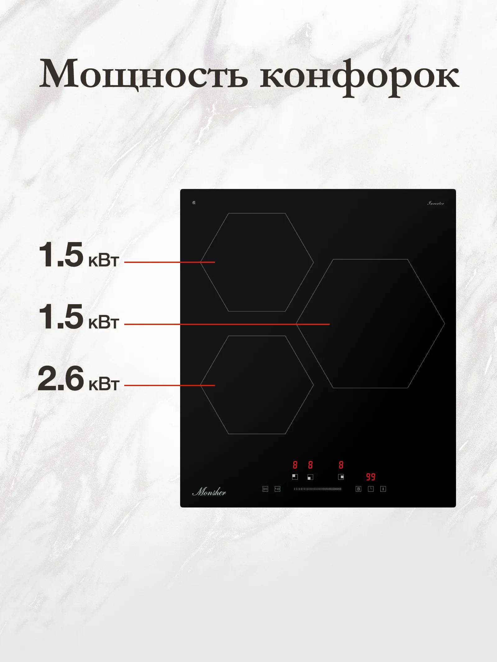 Индукционная варочная панель Monsher MHI 4506, 45 см, индукция, High-Tech, inverter, 9 уровней мощности, бустер, Stop and Go, автоматическое отключени
