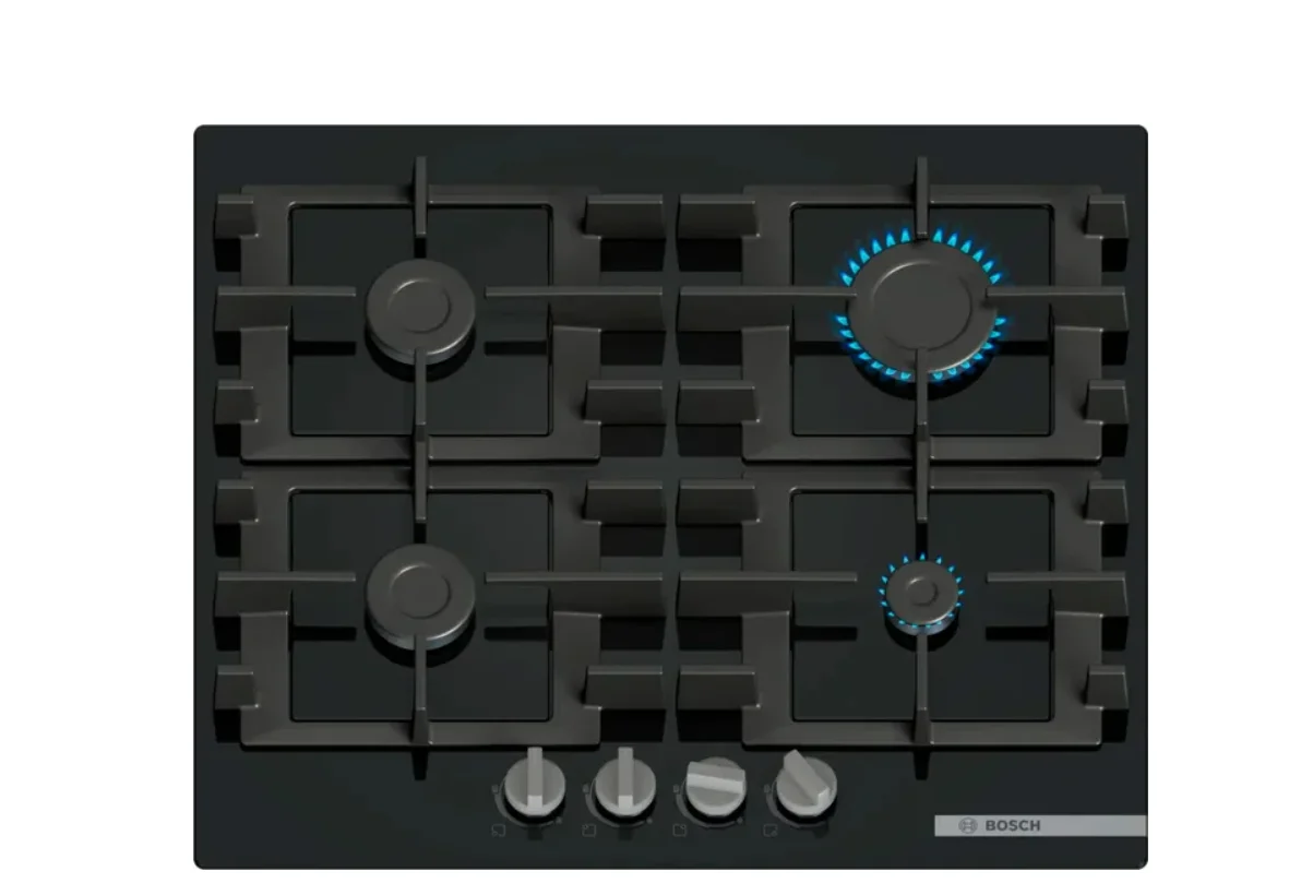 Поверхность газовая Bosch PNP6B6K40 Газ, 4.5х59x52 см, закаленное стекло, 4 конфорки, газ-контроль, автоподжиг, черный