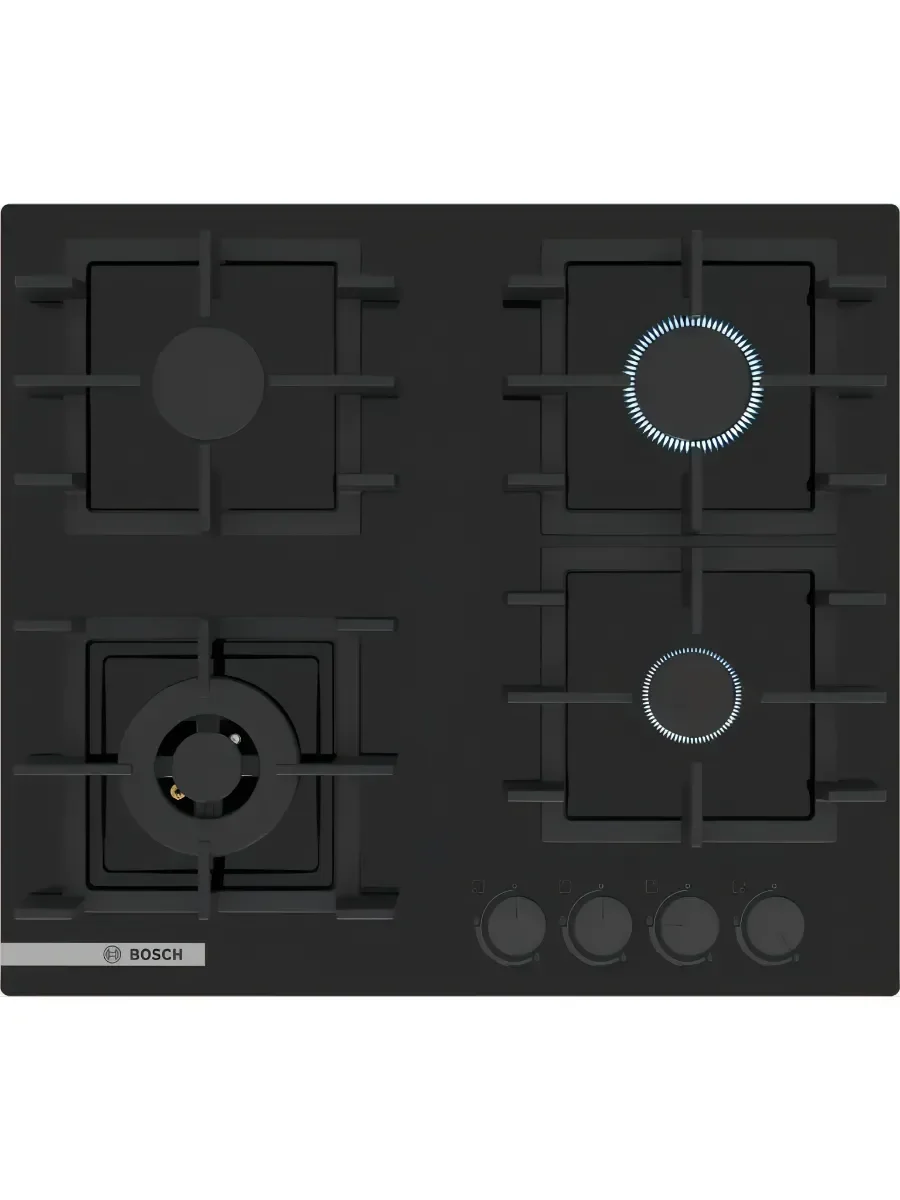 Поверхность газовая Bosch PNP6B6K40 Газ, 4.5х59x52 см, закаленное стекло, 4 конфорки, газ-контроль, автоподжиг, черный