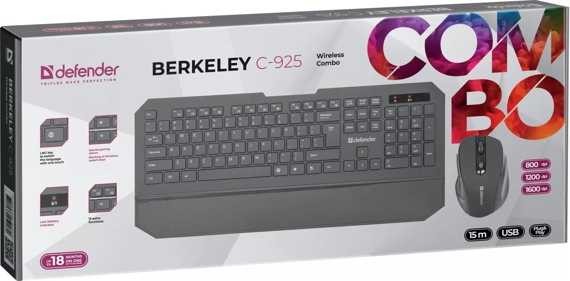 Defender Комплект беспроводной Berkeley C-925 Nano / 12 доп функций / 800/1200/1600 dpi / 15 метров / черный, USB.