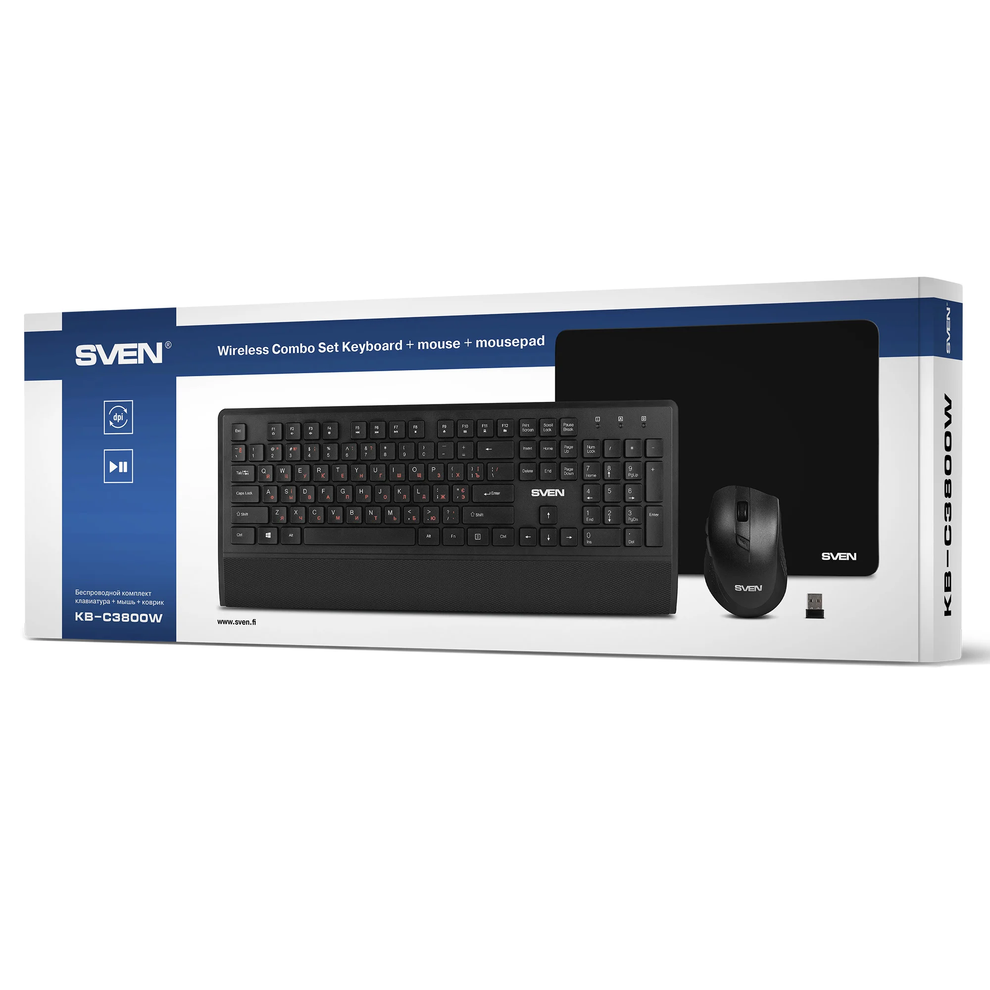 SVEN Комплект беспроводной клавиатура + мышь + коврик KB-C3800W (104 кл.+12Fn, 800-1600DPI, 5+1 кл.)