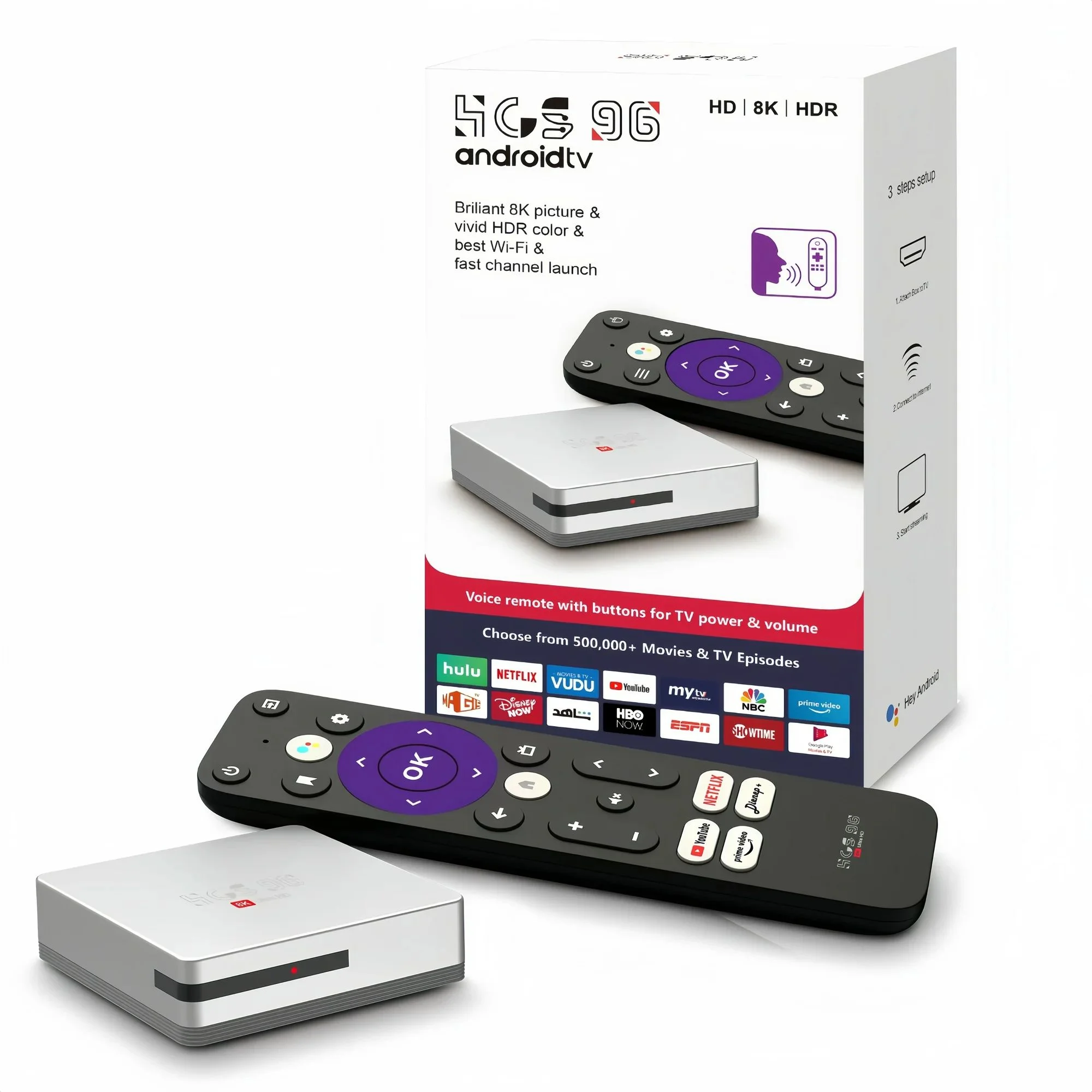 Смарт приставка HCS96  4/64 ГБ  Android 13 .4K HDR 10+.WI-FI Голос пульт  HDMI H.264, H.263, JPEG,