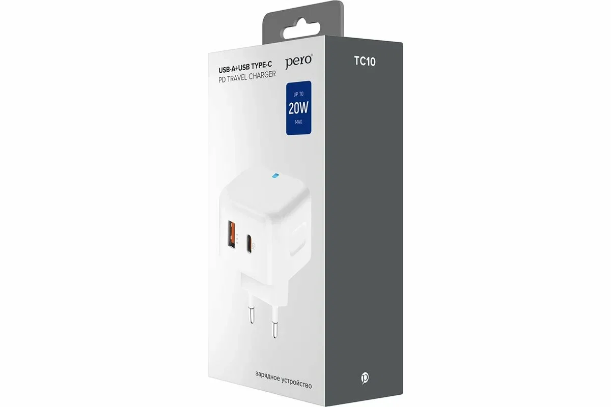 Зарядное устройство Pero TC10 USB-C 20W + USB-A Fast Charge белый