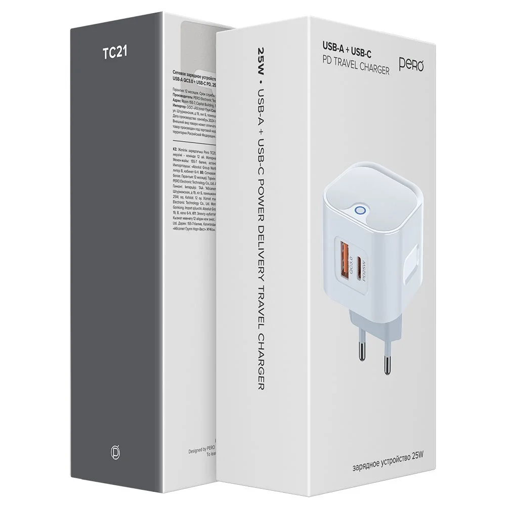 Зарядное устройство Pero TC21, USB-A + USB-C PD 25W, белый (ТС21W)