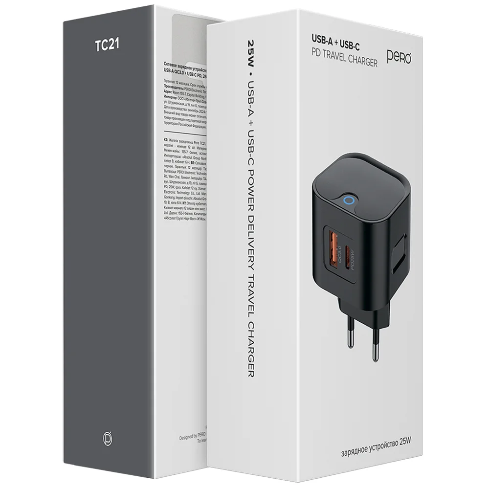 Зарядное устройство Pero TC21, USB-A + USB-C PD, 25W, черный (ТС21B)