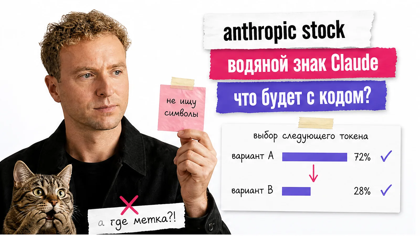 Автор по приложенному фото показывает схему водяного знака Claude, рядом удивлённый кот.