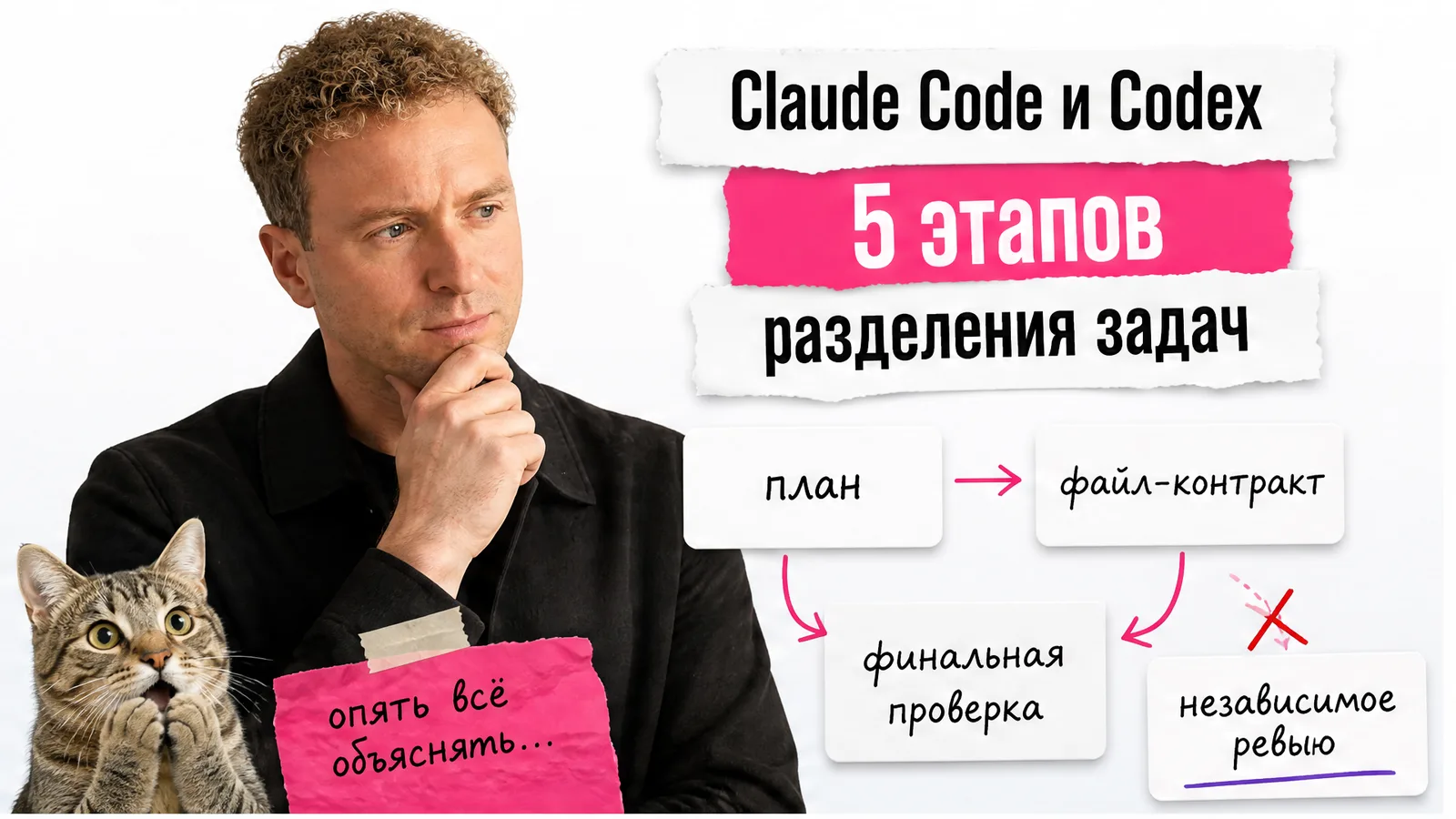 Автор смотрит на схему передачи задач между Claude Code и Codex, рядом встревоженный кот.