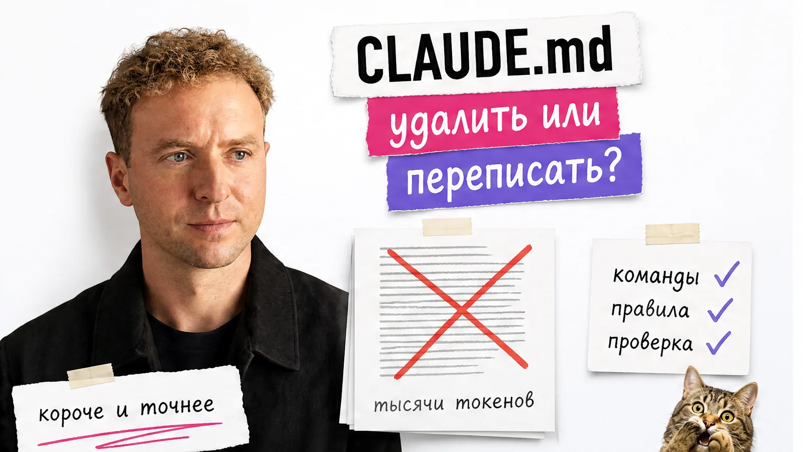Автор показывает переполненный файл CLAUDE.md и короткую новую версию, рядом удивлённый кот.