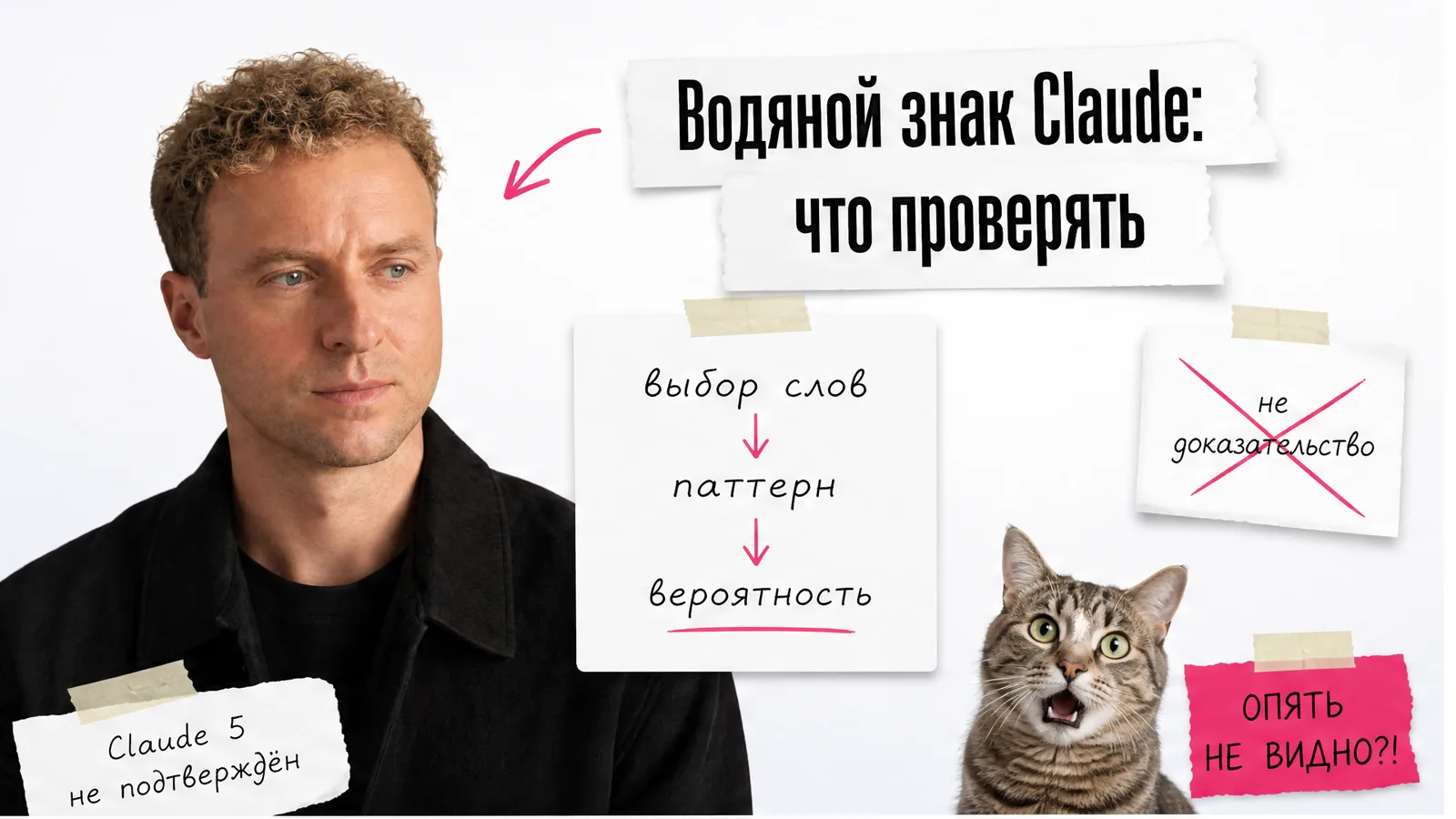 Автор с приложенного фото показывает схему водяного знака Claude, рядом удивлённый кот.