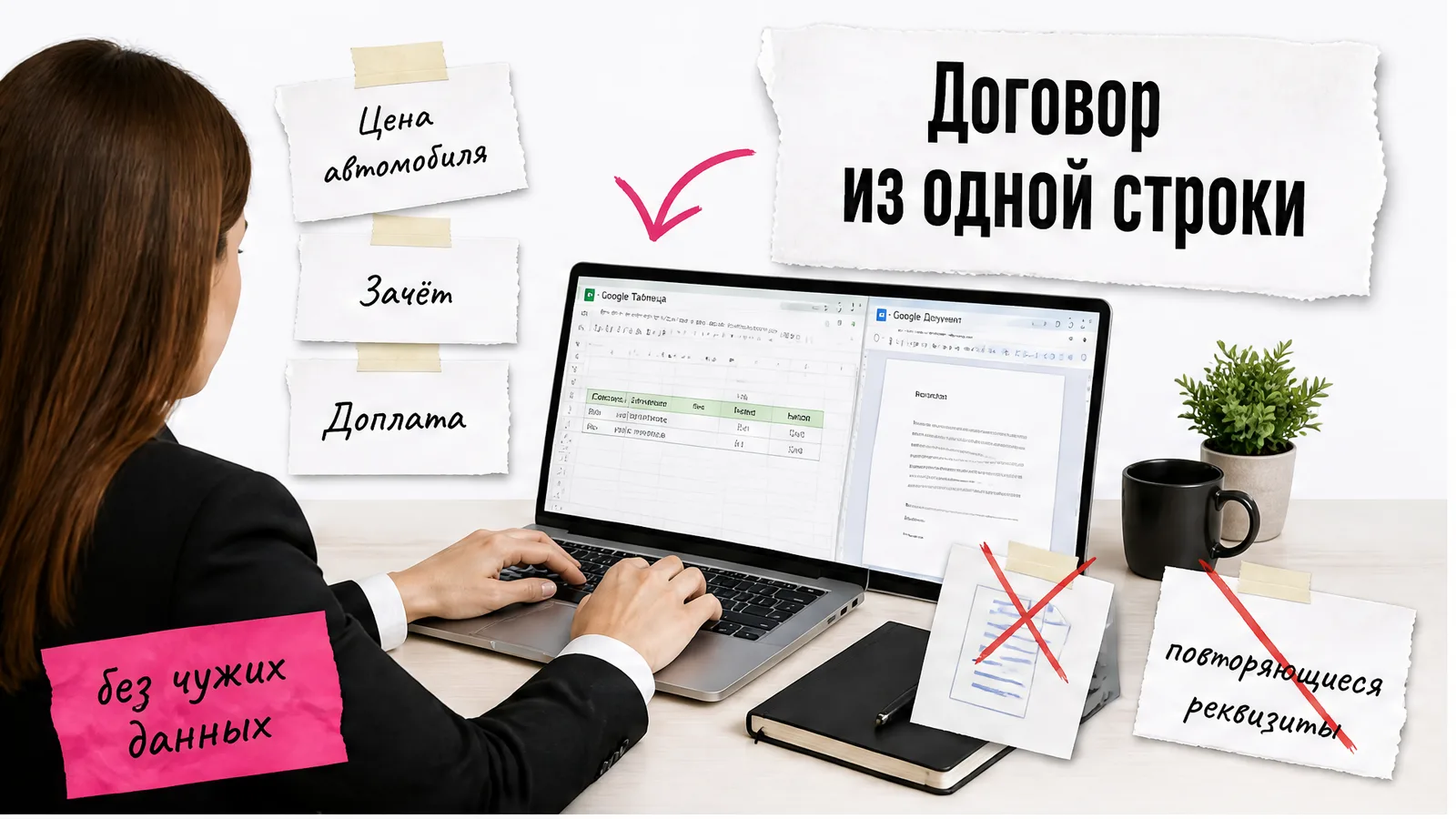 Рабочее место женщины в автосалоне: руки за таблицей, экран с данными сделки и шаблоном договора.