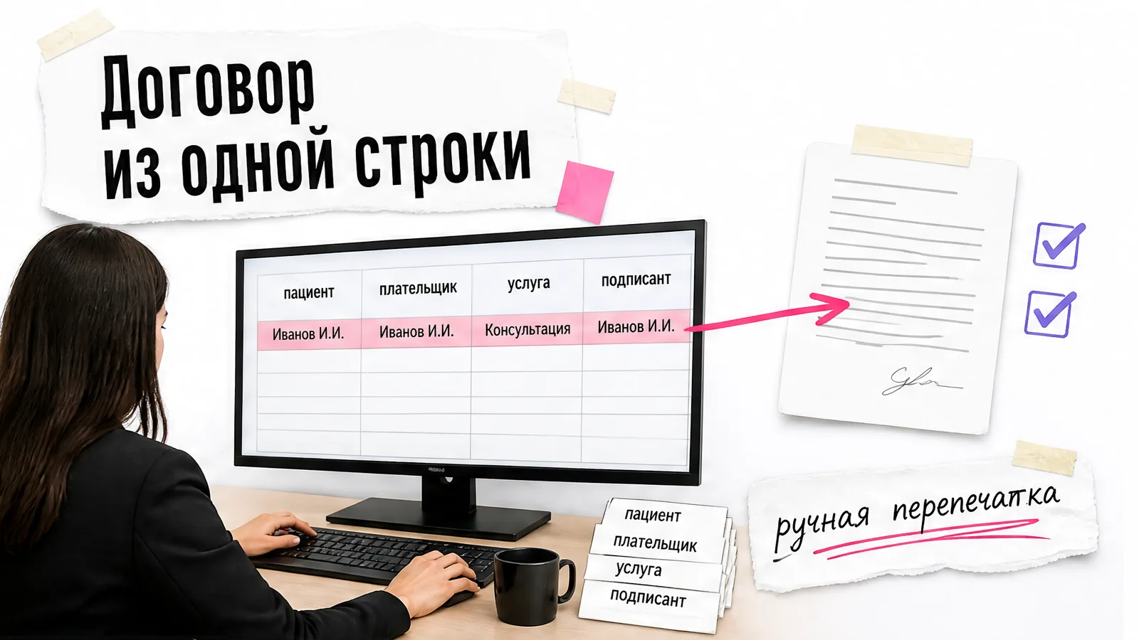 Рабочее место владелицы клиники с таблицей, шаблоном договора и женскими руками за работой.