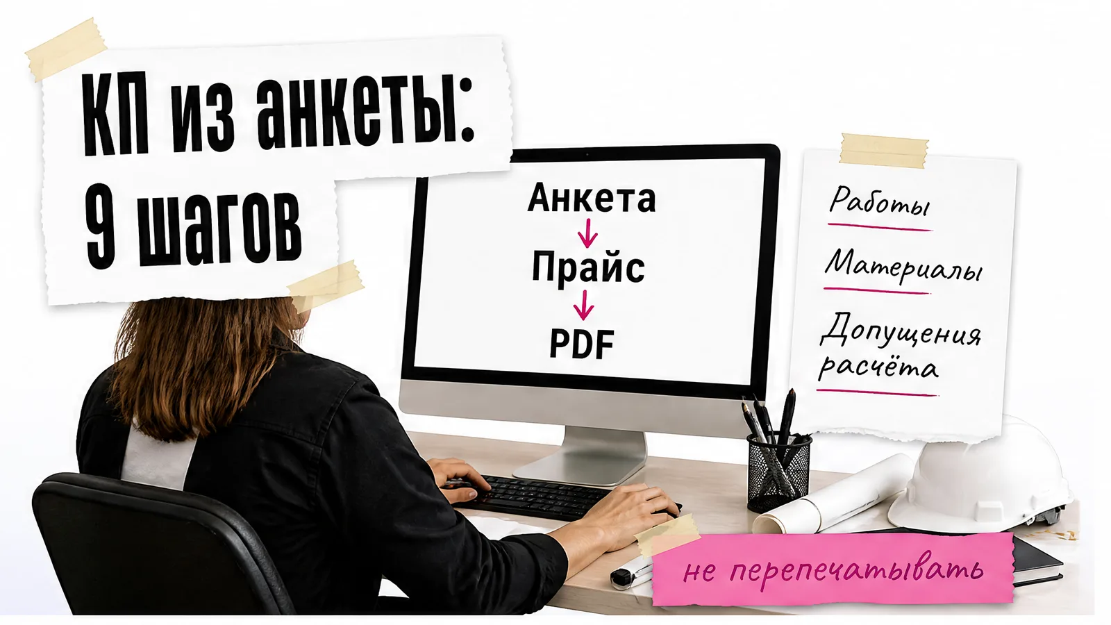 Женщина без лица работает за столом, где анкета и прайс превращаются в коммерческое предложение и PDF.