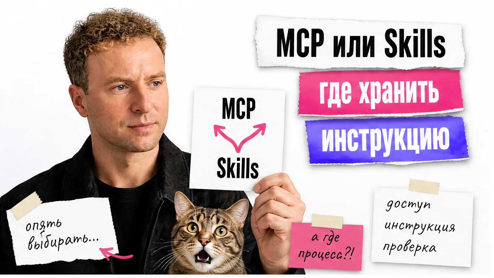 Автор с фотографии показывает схему MCP и Skills, рядом удивлённый кот и карточки с инструкцией.