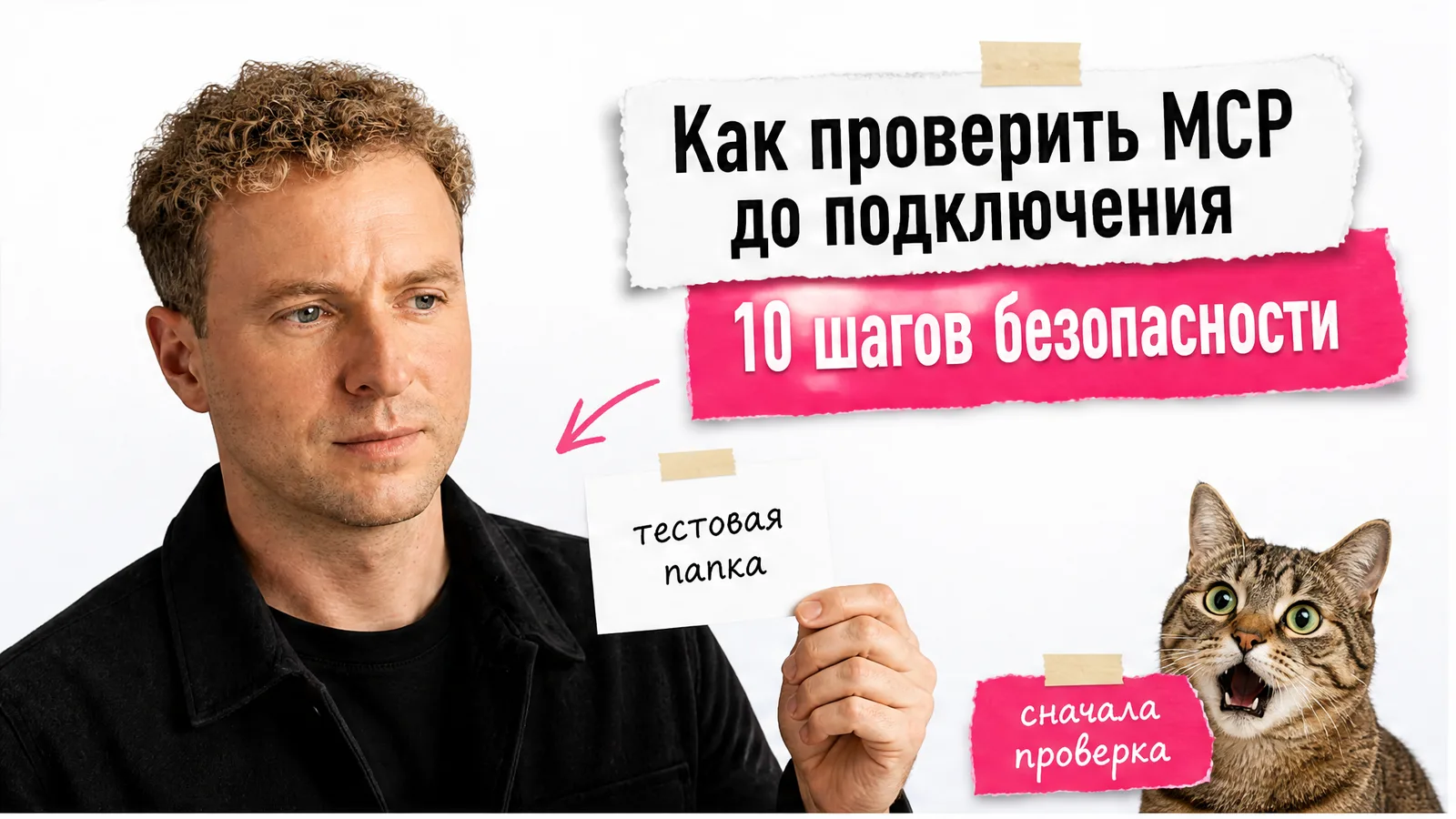 Автор по приложенному фото показывает тестовую папку, рядом удивлённый кот.