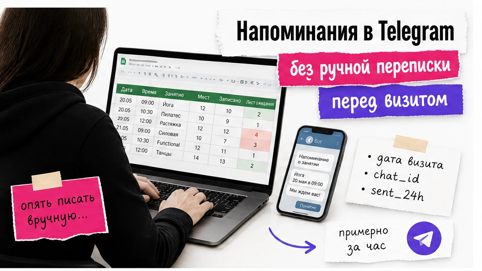 Рабочее место владелицы фитнес-студии с таблицей записей и Telegram-ботом на экране